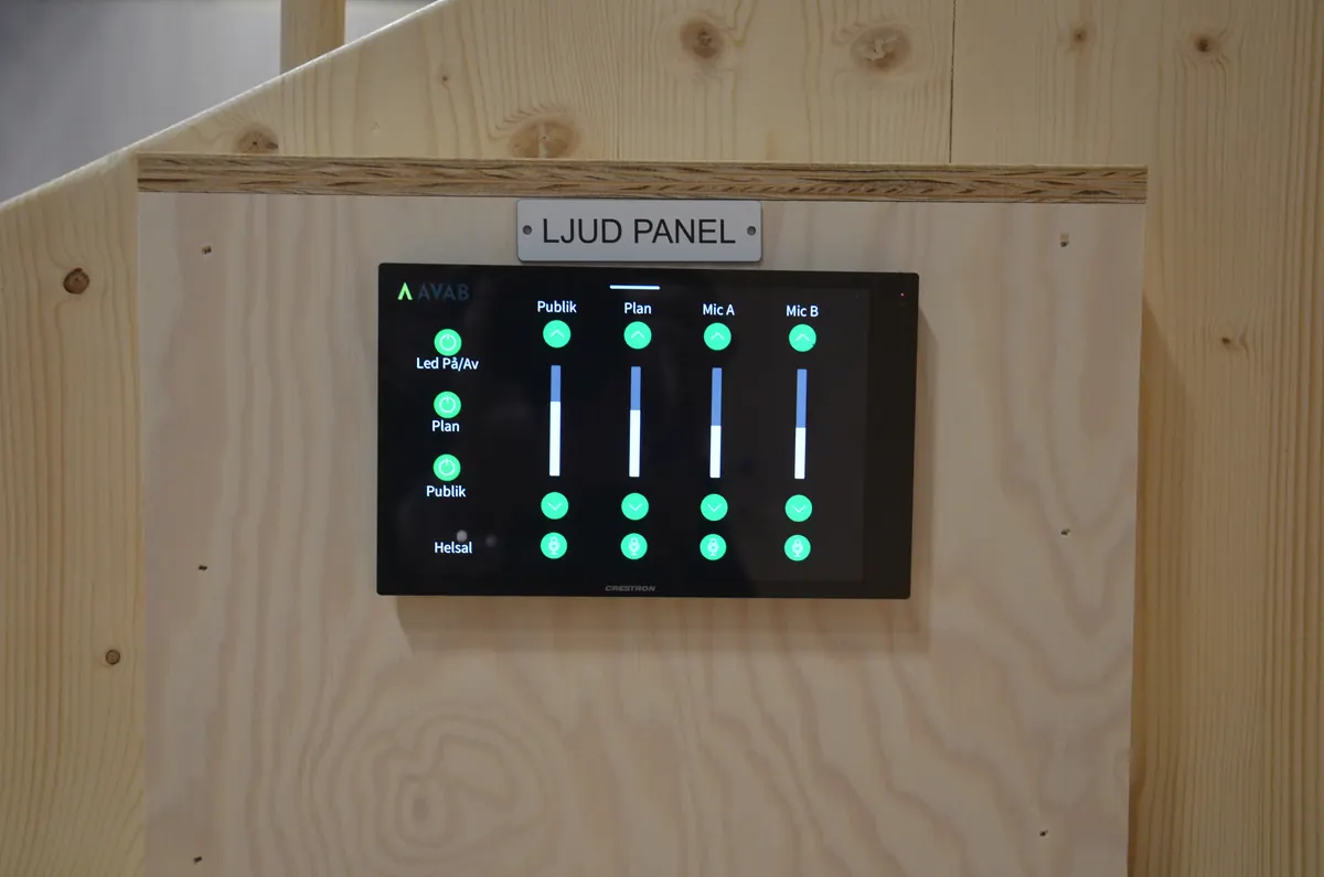 Crestron-gränssnitt med nivåkontroll för publik, plan och två mikrofoner